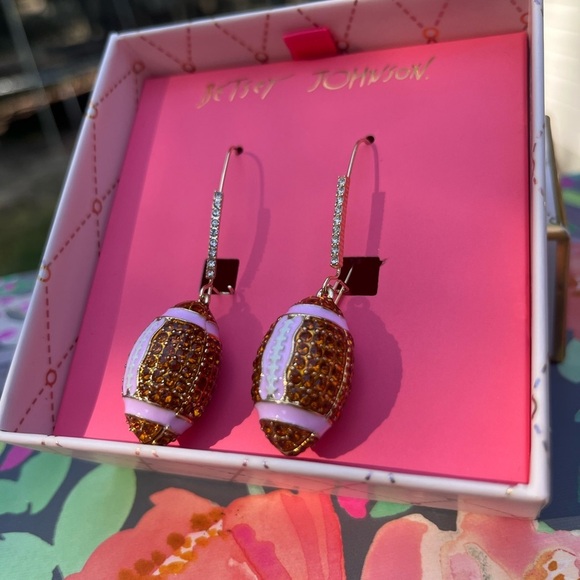 *NWT* Betsey Johnson Faux Stone Football Dangle Earrings - Picture 3 of 5
